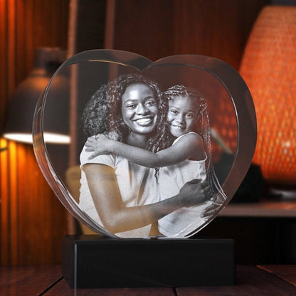 Mother's Day Personalized Glass, Seasonal Decor Gift, Laser Engraving, Custom Gift For Mom | BridgensLaser 3D Photo Crystal Heart