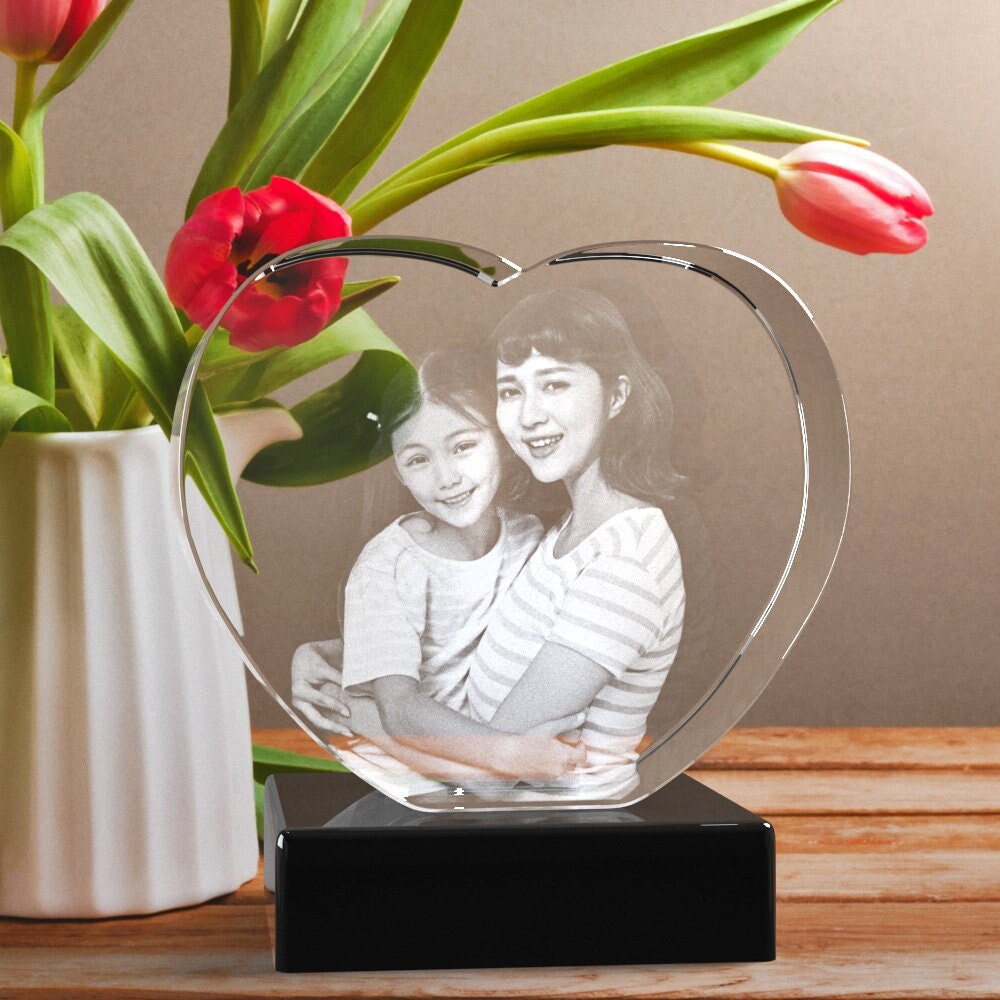 First Mother's Day Gift, Personalized Gift for Mom, Home Decor Gift, Custom Laser Engraving | BridgensLaser 3D Photo Crystal Heart
