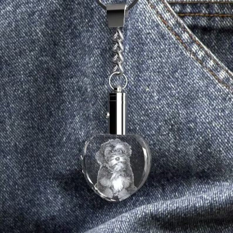 Custom Photo Heart Crystal Keychain with LED Light, Laser Etched Portrait Keepsake