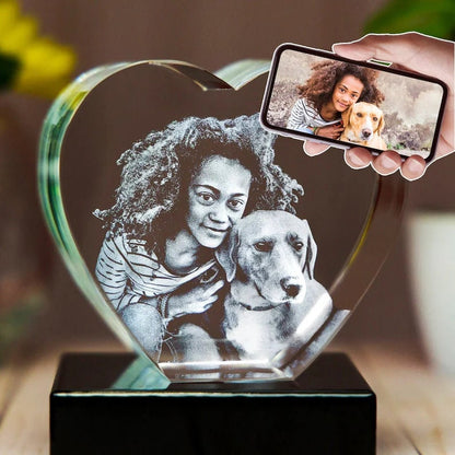 Custom Mother's Day Photo Crystal Heart — Laser Etched Portrait Keepsake, Gift for Mom Grandma, Personalized Night Light, Birthday