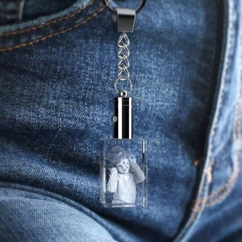 Custom LED Photo Keychain, New Mom Gift, Laser Etched Print, First Birthday, Baptism Gift | BridgensLaser Photo Crystal Keychain Rectangle