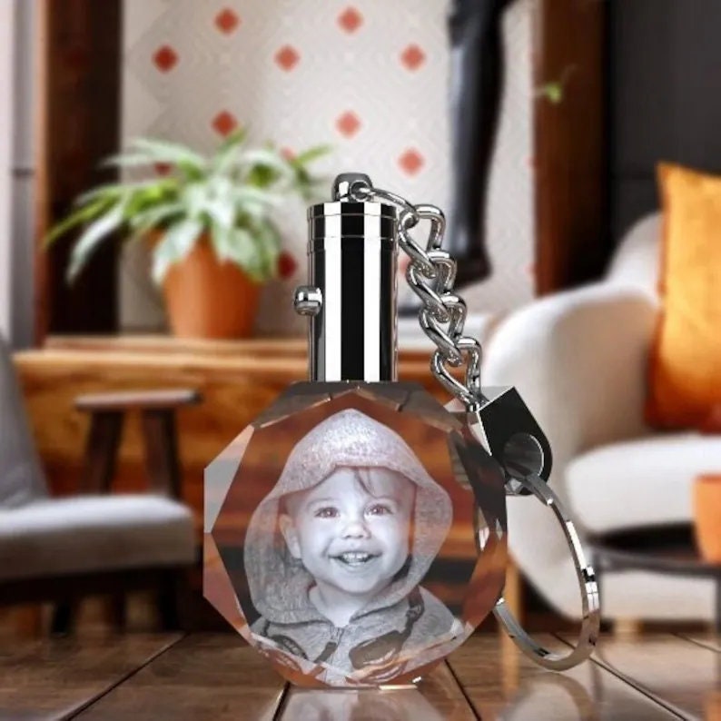 Custom Photo Crystal Keychain, Laser Etched Print, Personalized Sympathy Gift, Memorial Keepsake, LED Keychain, Gift for Mom, BridgensLaser