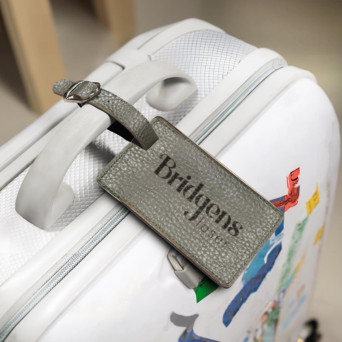 Gray Leather Luggage Tag, Custom Engraved Suitcase Tag, Bridesmaid Travel Gift