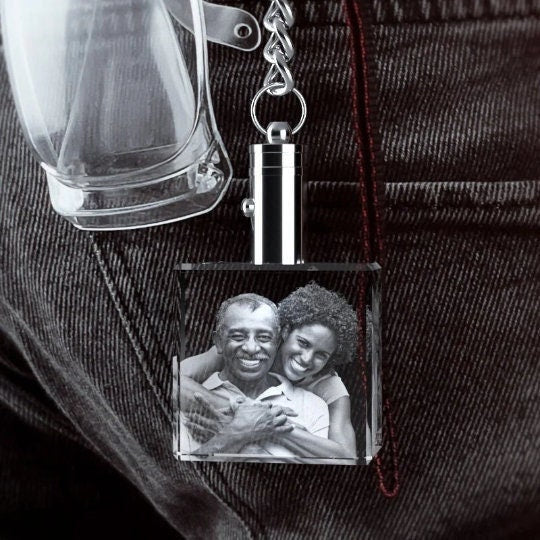 Photo Crystal Keychain, Personalized Gift, Family Portrait, Laser Etched Print, Luxurious Accessory, Stylish LED Picture