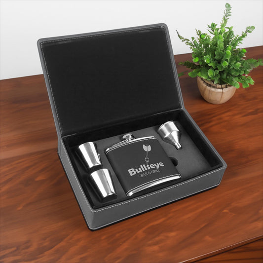 Engraved Leather Flask Set, Wedding Anniversary, Groomsmen Occasion, Gifts for Him, Husband Present | Bridgens Laser Flask Set