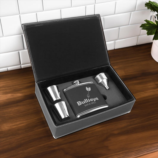 Laser Engraved Leather Flask Set, Gifts for Husband, Groomsmen, Anniversary Occasion, Husband Present | BridgensLaser Flask Set