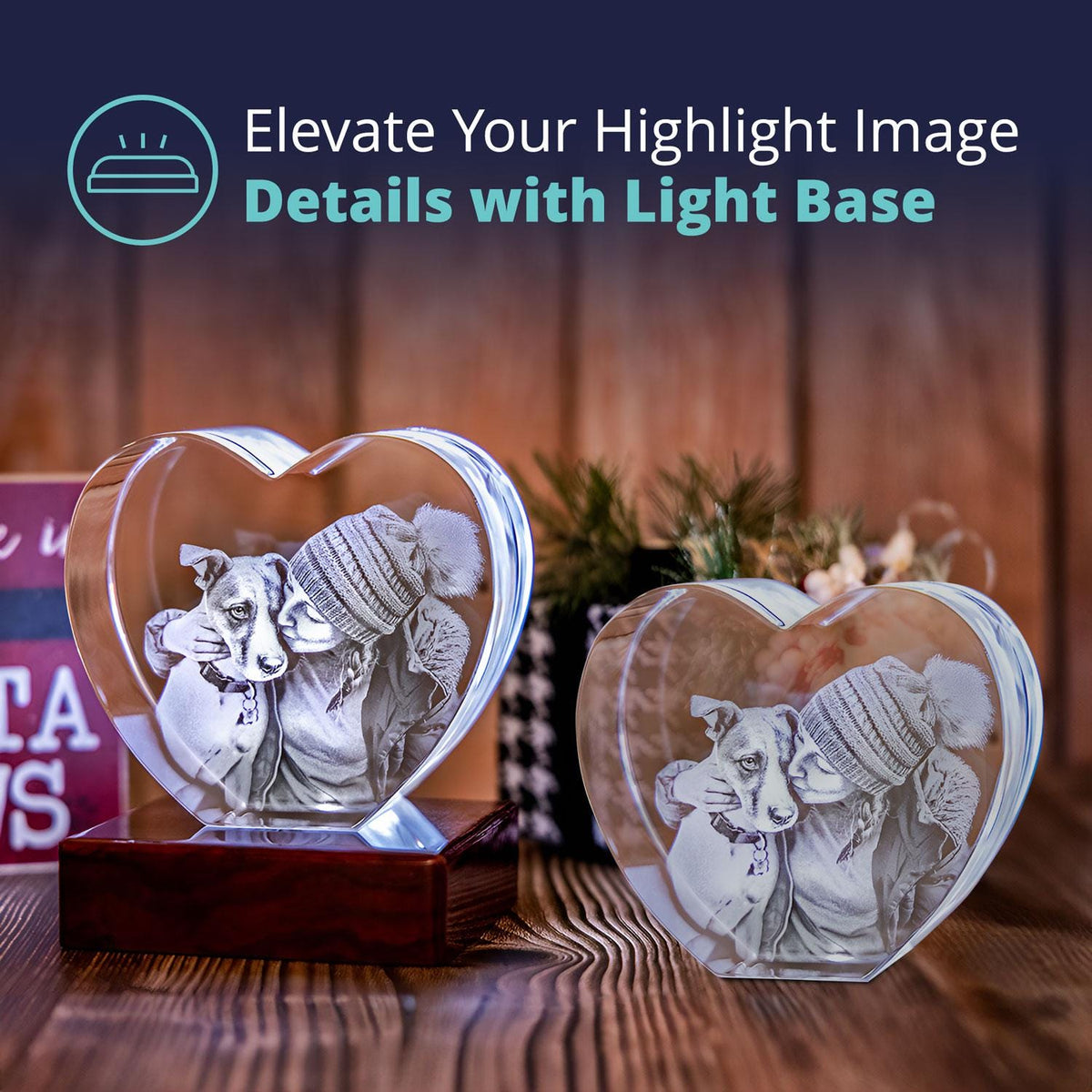 Light Base for 3D Crystal Glass, Rosewood, Crystal Portrait Base, Night Light, Bedroom, LED Stand, Base for Glass Art, Home Decor