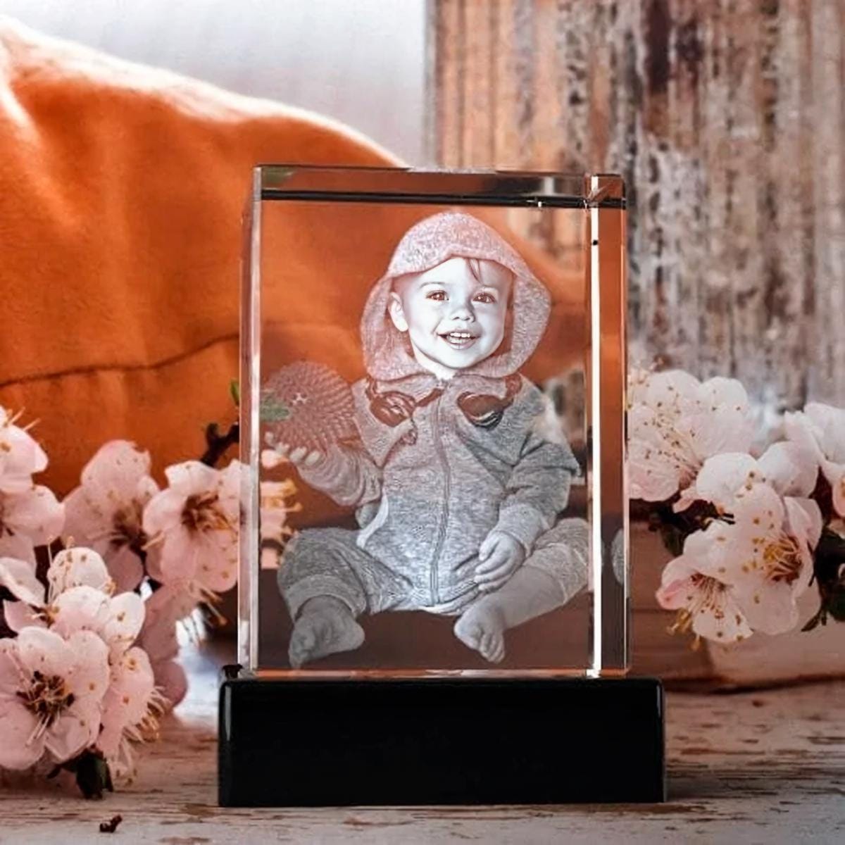Custom Crystal Photo Gift — Laser Etched Portrait Keepsake, Mother's Day Memorial Decor, Personalized Night Light for Grandma