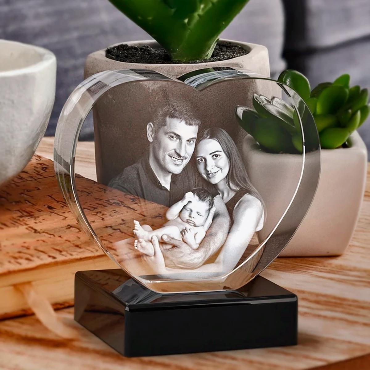 Crystal Heart Photo Keepsake — Laser Etched Family Portrait, Personalized Gift for Grandma Mom, Home Decor Night Light
