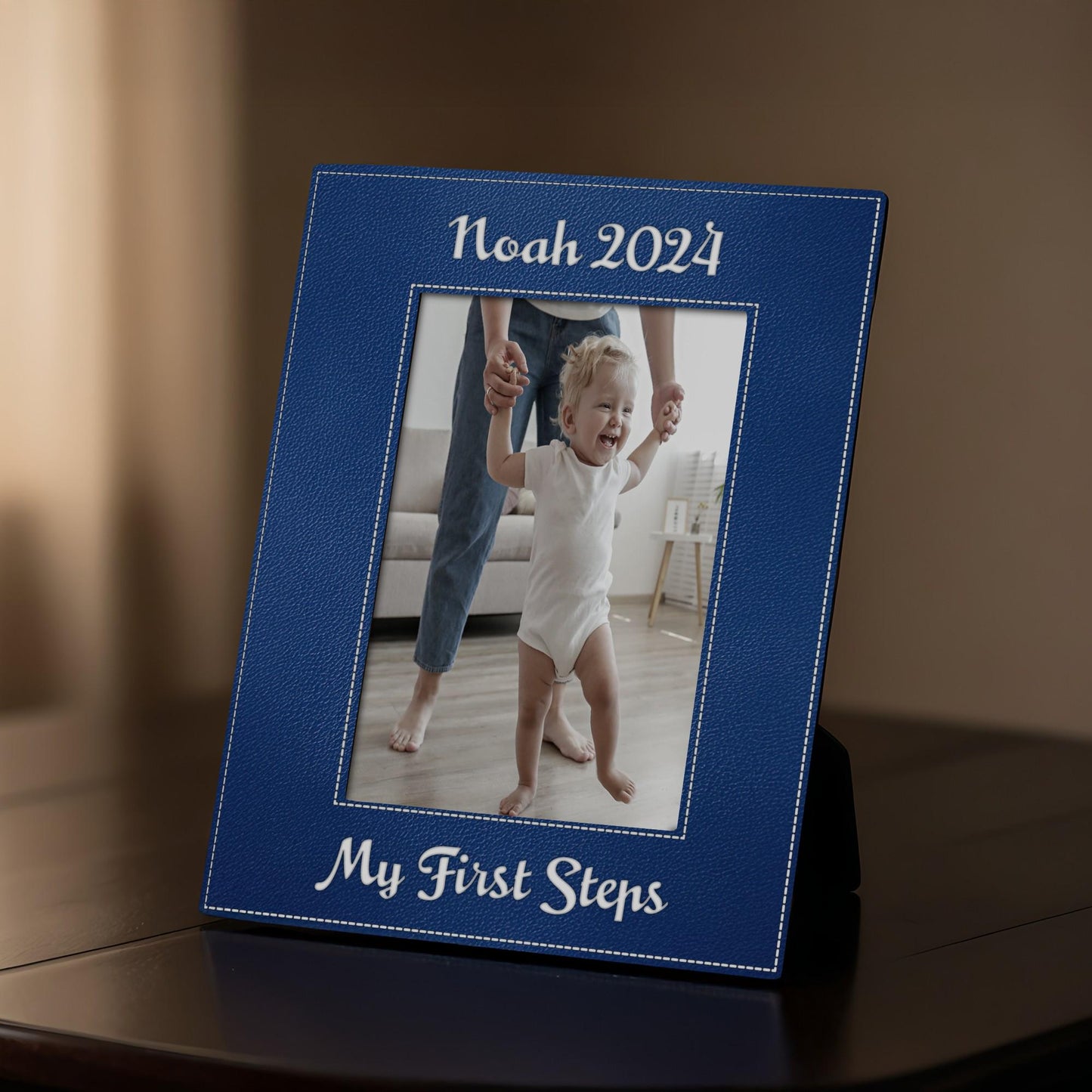 Personalized Leather Photo Frame, Engraved Newborn Keepsake