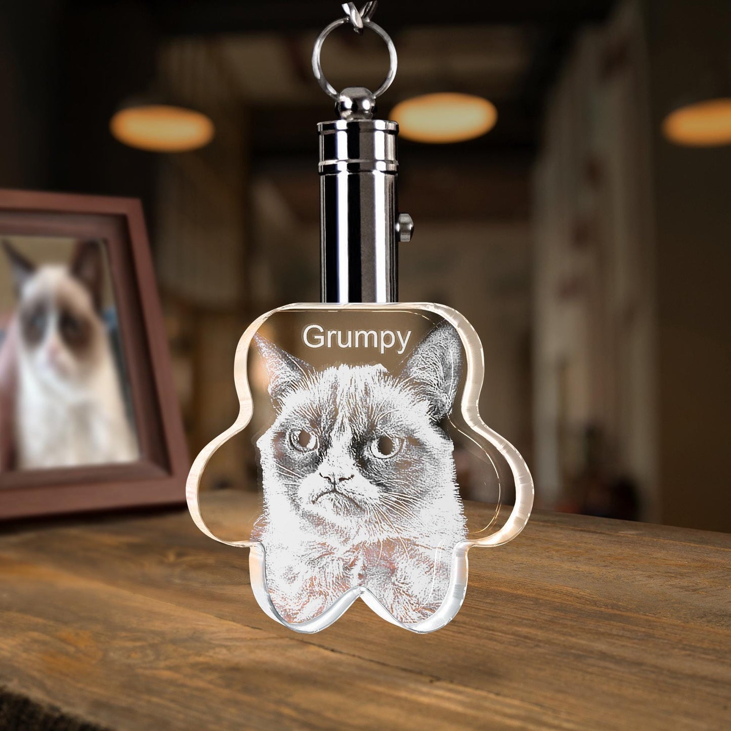 Custom Pet Photo Crystal Keychain, Laser Engraved Dog Cat Portrait Memorial Gift