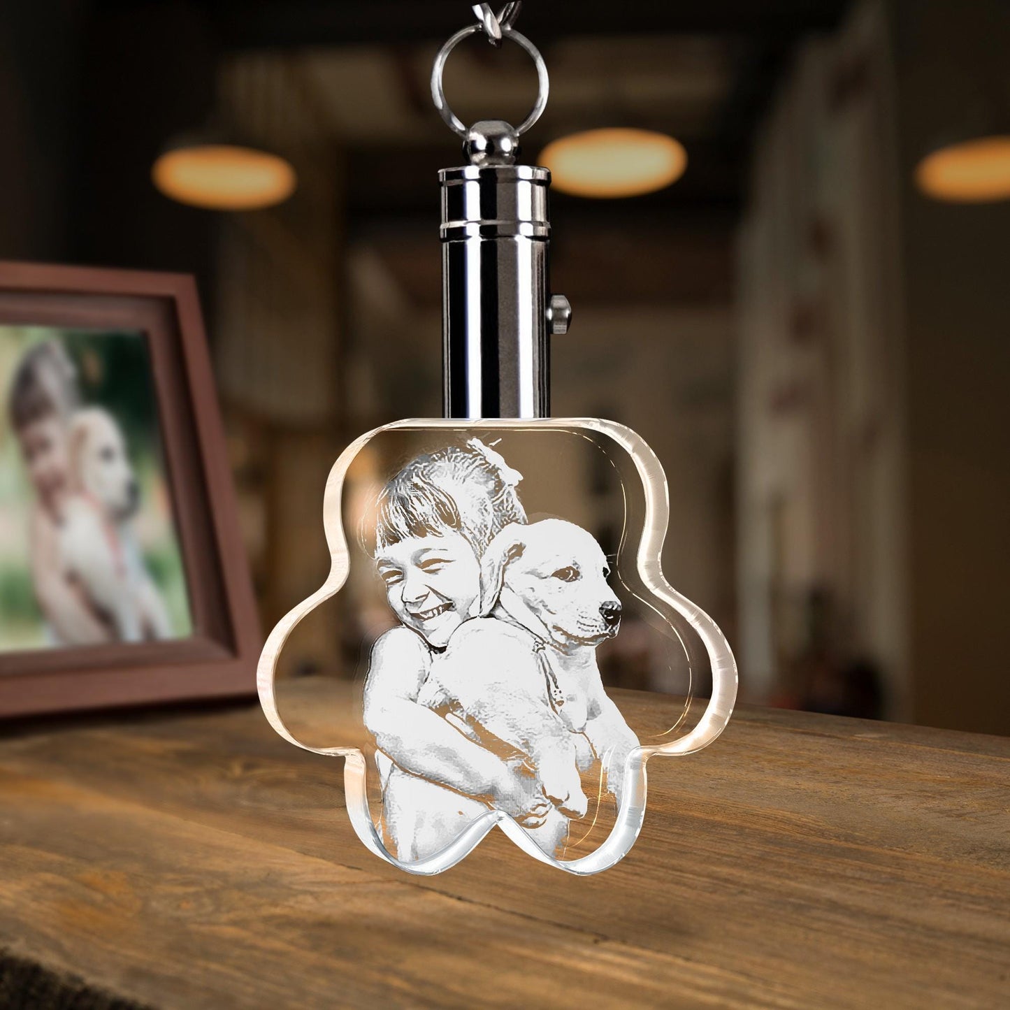 Custom Pet Photo Crystal Keychain, Laser Engraved Dog Cat Portrait Memorial Gift