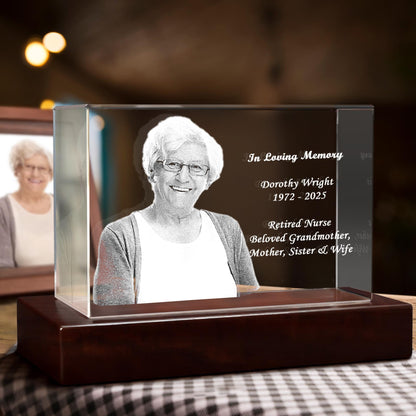 Laser Etched Crystal Photo Memorial — In Loving Memory Keepsake, Sympathy Grief Gift, Bereavement Night Light, Loss of Loved One