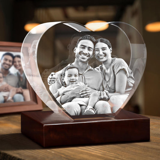 Crystal Heart Photo Keepsake — Laser Etched Family Portrait, Personalized Gift for Grandma Mom, Home Decor Night Light
