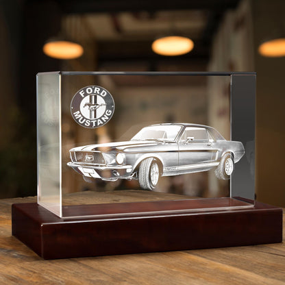 Custom Car Gifts Crystal Portrait — Ford Mustang Illustration Night Light, Laser Etched Auto Keepsake, Personalized Gift for Car Lover