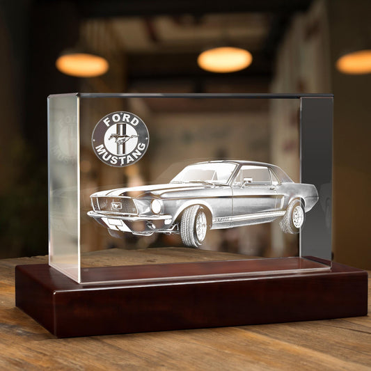 Custom Car Gifts Crystal Portrait — Ford Mustang Illustration Night Light, Laser Etched Auto Keepsake, Personalized Gift for Car Lover