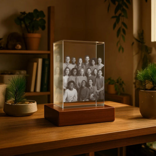 Personalized Holiday Gift, Family Portrait Occasion, Laser Etched Big 3D Crystal, Special Keepsake | BridgensLaser 3D Crystal Rectangle