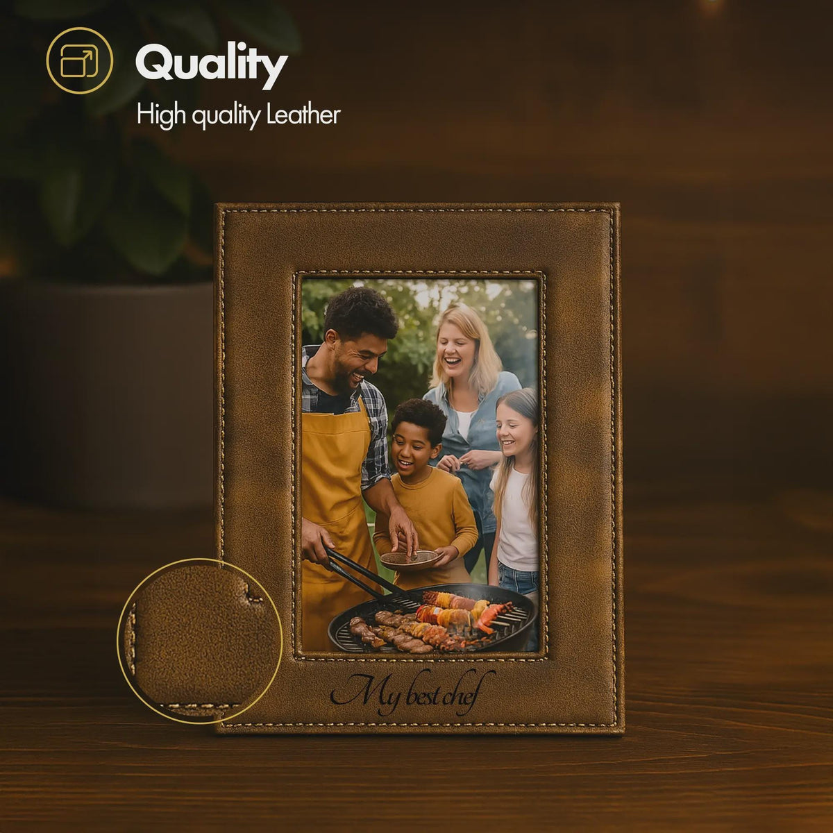 Engraved Leather Photo Frame — Wedding & Engagement Gift, Personalized Family Picture Frame, Couple Keepsake