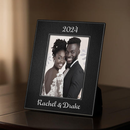 Personalized Leather Photo Frame, Engraved Wedding Anniversary Gift for Couple