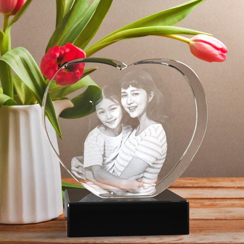 Personalized Gift for Grandma, Unique Mother's Day, Tabletop Decor Gift, Custom Laser Engraving | BridgensLaser 3D Photo Crystal Heart