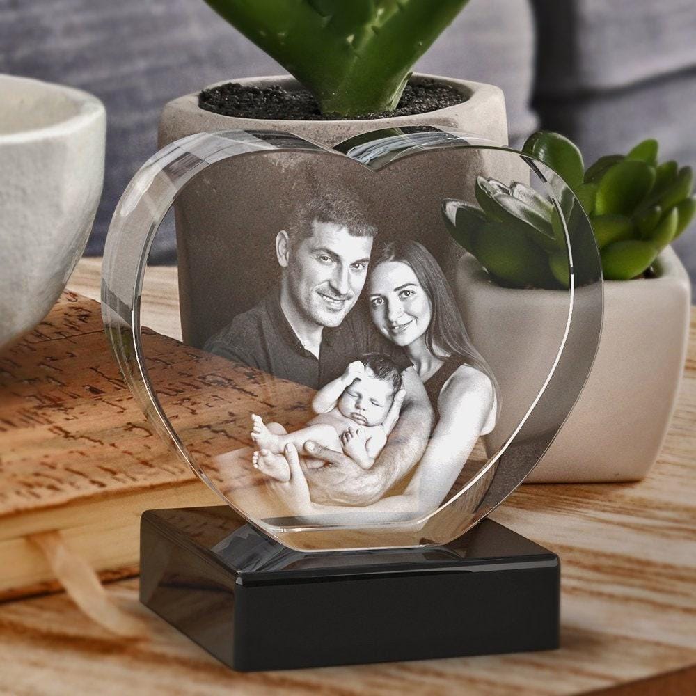 Mother's Day Custom Photo Glass, Gift for Grandma, Laser Etched Portrait, Handmade Decor | BridgensLaser 3D Photo Crystal Heart