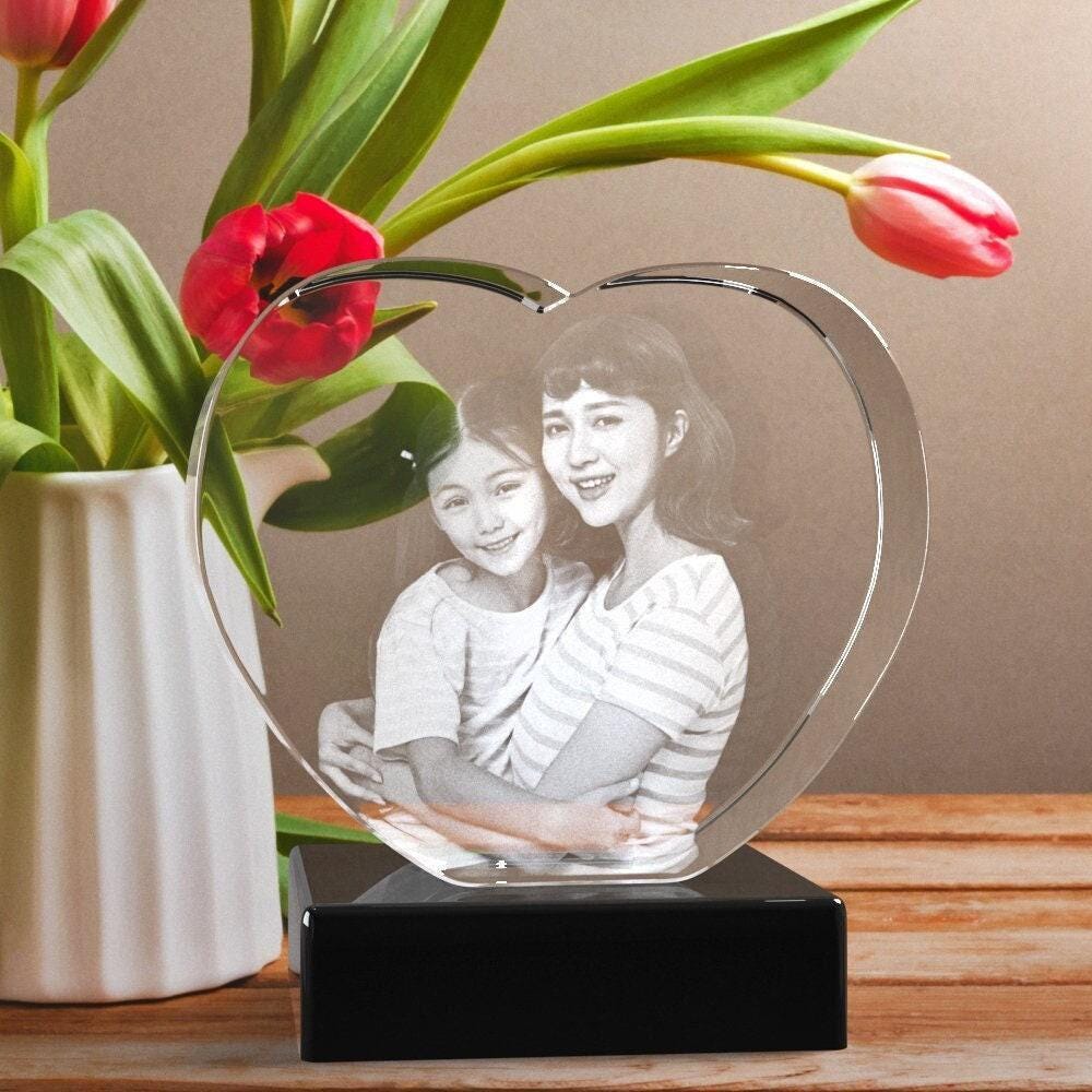 Personalized Gift for Grandma, Unique Mother's Day, Tabletop Decor Gift, Custom Laser Engraving | BridgensLaser 3D Photo Crystal Heart
