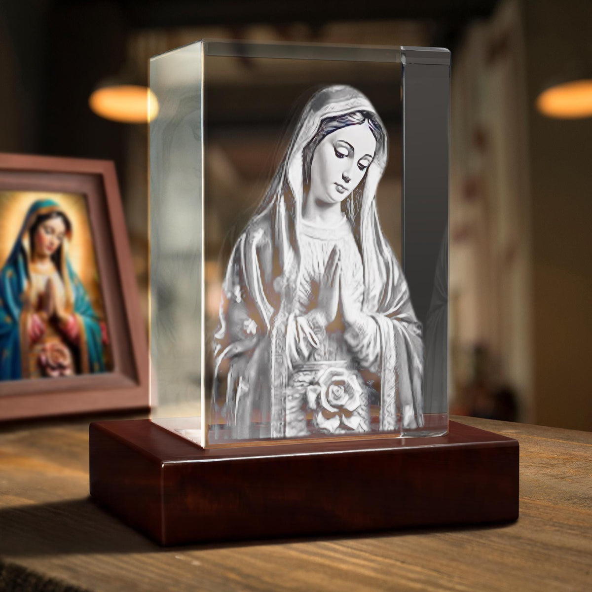 Virgin Mary Crystal Night Light, Laser Etched Family Portrait, Catholic Spiritual Keepsake