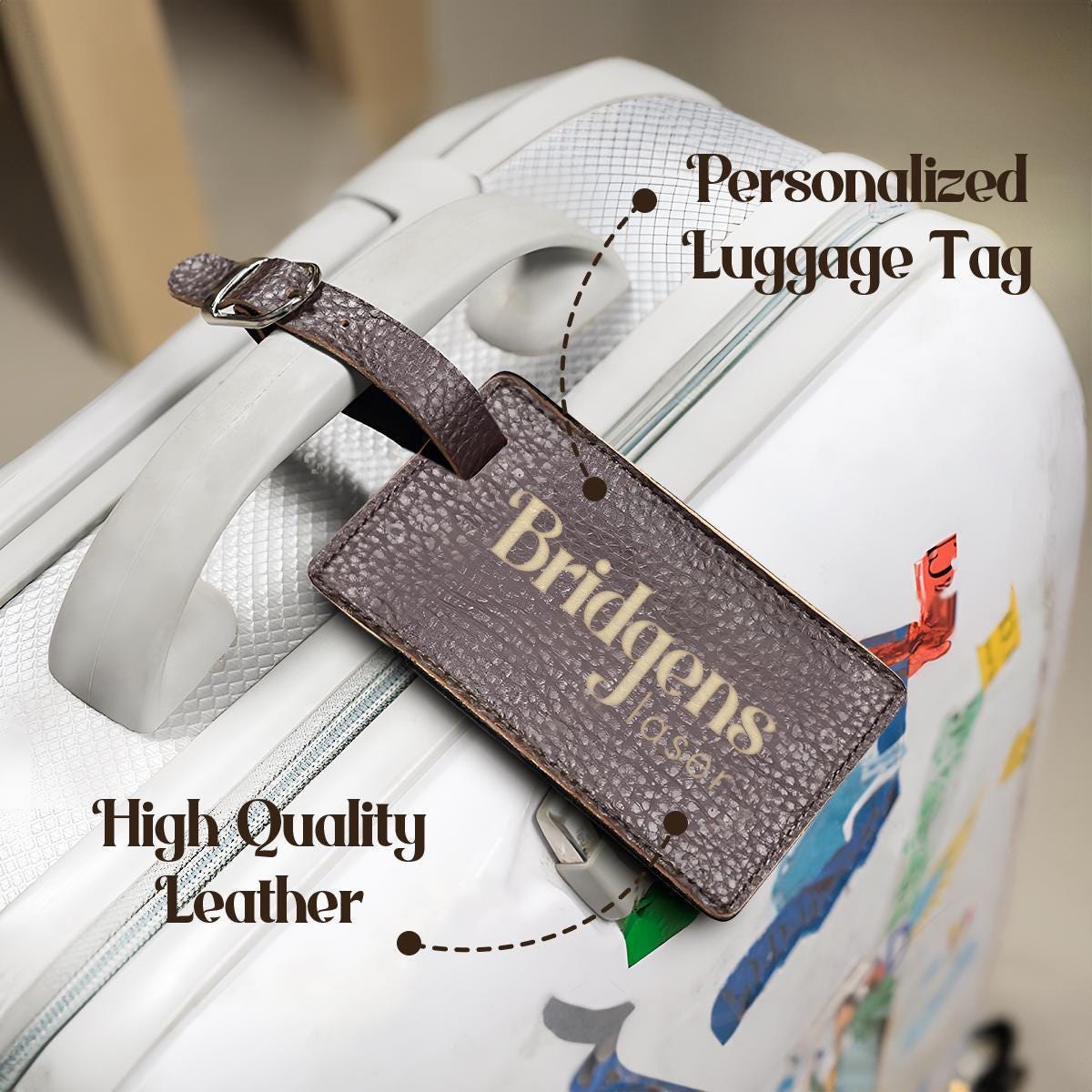 Personalized Rawhide Leather Luggage Tag, Custom Engraved Travel Accessory